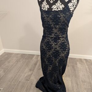 Vintage Jessica McClintock Midnight Blue Lace Evening Gown w/ Gold Lining Size 6